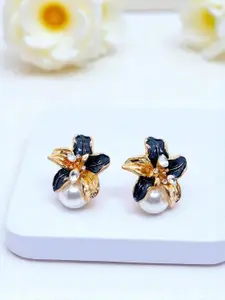AVANT-GARDE PARIS Gold-Plated Stone Studded And Pearls Beaded Enamelled Floral Studs