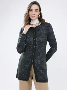 Monte Carlo Women Abstract Self Design Round Neck Ribbed Cardigan Sweater