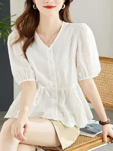 StyleCast Women Floral Embroidered Puff Sleeve Cotton Peplum Top