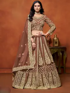 ODETTE Embroidered Thread Work Net Semi-Stitched Lehenga & Unstitched Blouse With Dupatta