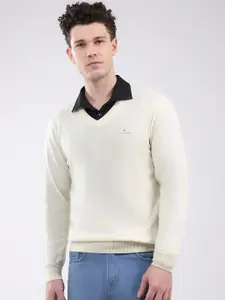 Monte Carlo Men Solid V-Neck Ribbed Pullover Sweater