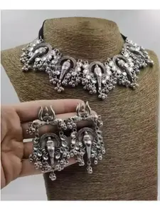 Sangria Silver-Toned Oxidised Necklace and Earrings