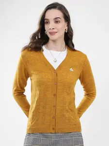 Monte Carlo Women Geometric Self Design V Neck Full Sleeve Cardigan Sweater