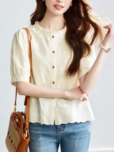 StyleCast  Women Floral Embroidered Puff Sleeves Shirt Style Cotton Top