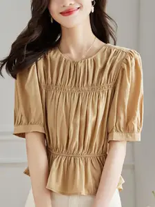 StyleCast Women Puff Sleeves Gathered Cinched Waist Top