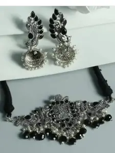 Sangria Silver-Toned Oxidised Necklace and Earrings