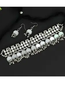 Sangria Silver-Toned Oxidised Necklace and Earrings