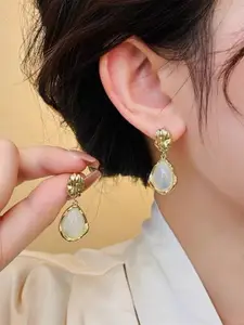 Celestique Korean Gold Plated Stones Studded Teardrop Shaped Drop Earrings