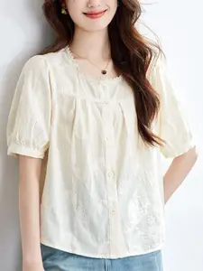 StyleCast Women Embroidered Round Neck Puff Sleeves Cotton Top