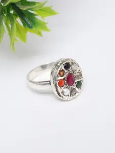 Exotic India 925 Sterling Silver Oval Shape Navaratna Finger Ring