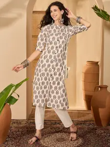 Sangria Floral Printed Mandarin Collar Pure Cotton Straight Kurta