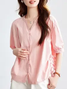 StyleCast Women Gathered Mandarin Collar Short Sleeve Cotton Top