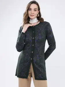 Monte Carlo Women Abstract Self Design Round Neck Ribbed Cardigan Sweater