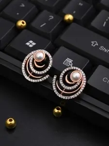 Anvik Rose Gold-Plated American Diamond & Pearls Studded Circular Studs