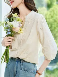 StyleCast Floral Embroidered Puff Sleeves Cotton Shirt Style Top