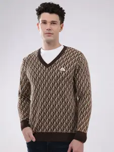 Monte Carlo Men Geometric Self Design V-Neck Ribbed Pullover Sweater