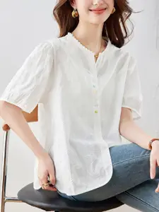StyleCast Women Floral Embroidered Mandarin Collar Puff Sleeve Cotton Shirt Style Top
