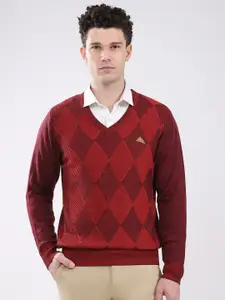 Monte Carlo Men Checked V Neck Full Sleeve Woollen Pullover