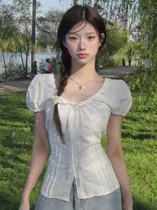 StyleCast Women Scoop Neck Puff Sleeve Shirt Style Top