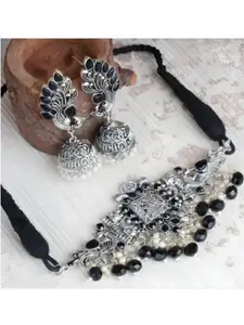 Sangria Silver-Toned Oxidised Necklace and Earrings