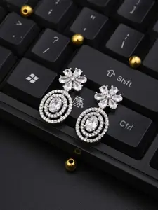 Anvik Rhodium-Plated American Diamond Studded Oval Drop Earrings