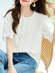 StyleCast Women Solid Round Neck Lace Inserts Cotton Top