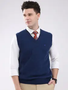 Monte Carlo Men Woollen V Neck Sweater Vest with Brand Logo Embroidered Detail