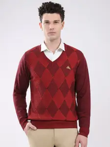 Monte Carlo Men Geometric Self Design V Neck Full Sleeve Pullover Sweater