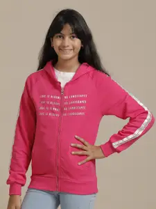 UNDER FOURTEEN ONLY Girls Typography Printed Cotton Hooded Front-Open Sweatshirt