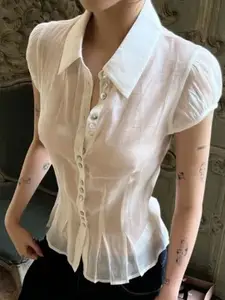 StyleCast Shirt Collar Cotton Puff Sleeves Shirt Style Top