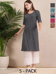 Anouk Rustic Women Pack of 5 Ethnic Motifs Printed Round Neck Straight Kurta