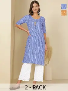 Anouk Rustic Selection Of 2 Women Striped Printed Daily Straight Kurtas