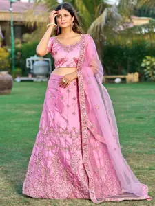 KALINI Embroidered Semi-Stitched Satin Lehenga & Unstitched Blouse With Dupatta