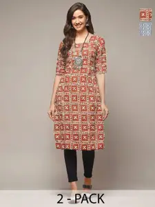 Anouk Rustic Selection Of 2 Women Ethnic Motifs Printed Daily Straight Kurtas