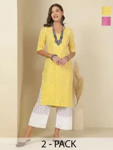 Anouk Rustic Selection Of 2 Women Striped Printed Daily Straight Kurtas