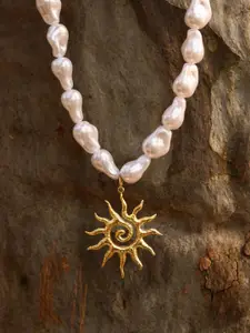 AQUASTREET 18K Gold Plated Waterproof Anti-Tarnish Baroque Pearl Sun Pendant Necklace