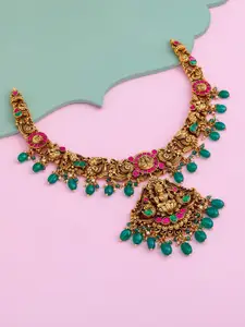 Kushal's Fashion Jewellery Silver Gold-Plated Stone Studded & Beaded Oxidised Necklace