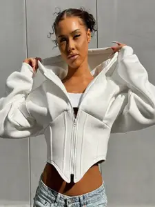 Outzidr Women Solid Front-Open Corset Sweatshirt With Hoodie