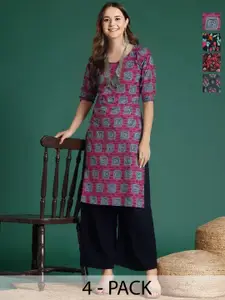 Anouk Rustic Women Pack of 4 Ethnic Motifs Printed Round Neck Straight Kurtas