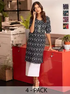 Anouk Rustic Women Pack of 4 Floral Printed Daily Straight Kurtas
