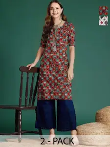 Anouk Rustic Selection Of 2 Women Ethnic Motifs Printed Daily Straight Kurtas