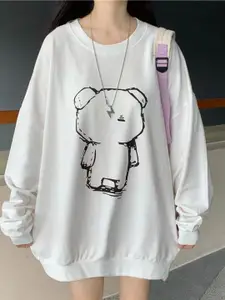 Outzidr Women Printed Monochrome Oversized Longline Pullover Sweatshirt