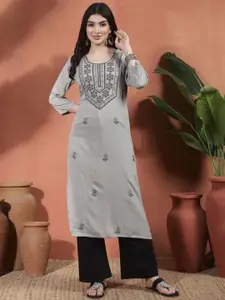 Sangria Floral Embroidered Round Neck Thread Work Straight Kurta