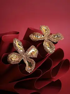 SOHI Oulined-Petalia Gold-Plated Floral Shaped Artificial Stone Stuuded Drop Earrings