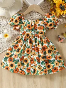 BAESD Girls Sunflower Print Sweetheart Neck Puff Sleeve Cotton Fit & Flare Dress