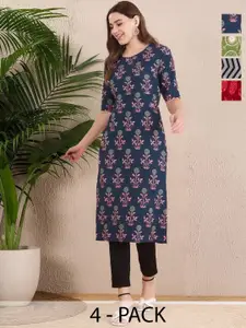 Anouk Rustic Women Pack Of 4 Floral Printed Round Neck Crepe Kurta