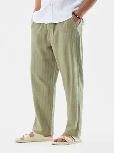 Snitch Men Olive Striped Straight Fit Trousers
