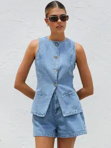 StyleCast Round Neck Coat With Shorts Co-Ords