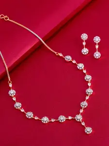 Kushal's Fashion Jewellery Gold-Plated White Zircon Studded Necklace with Earrings