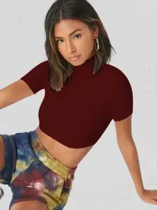 Dream Beauty Fashion Women High Neck Fitted Crop Top-126-bullet-maroon